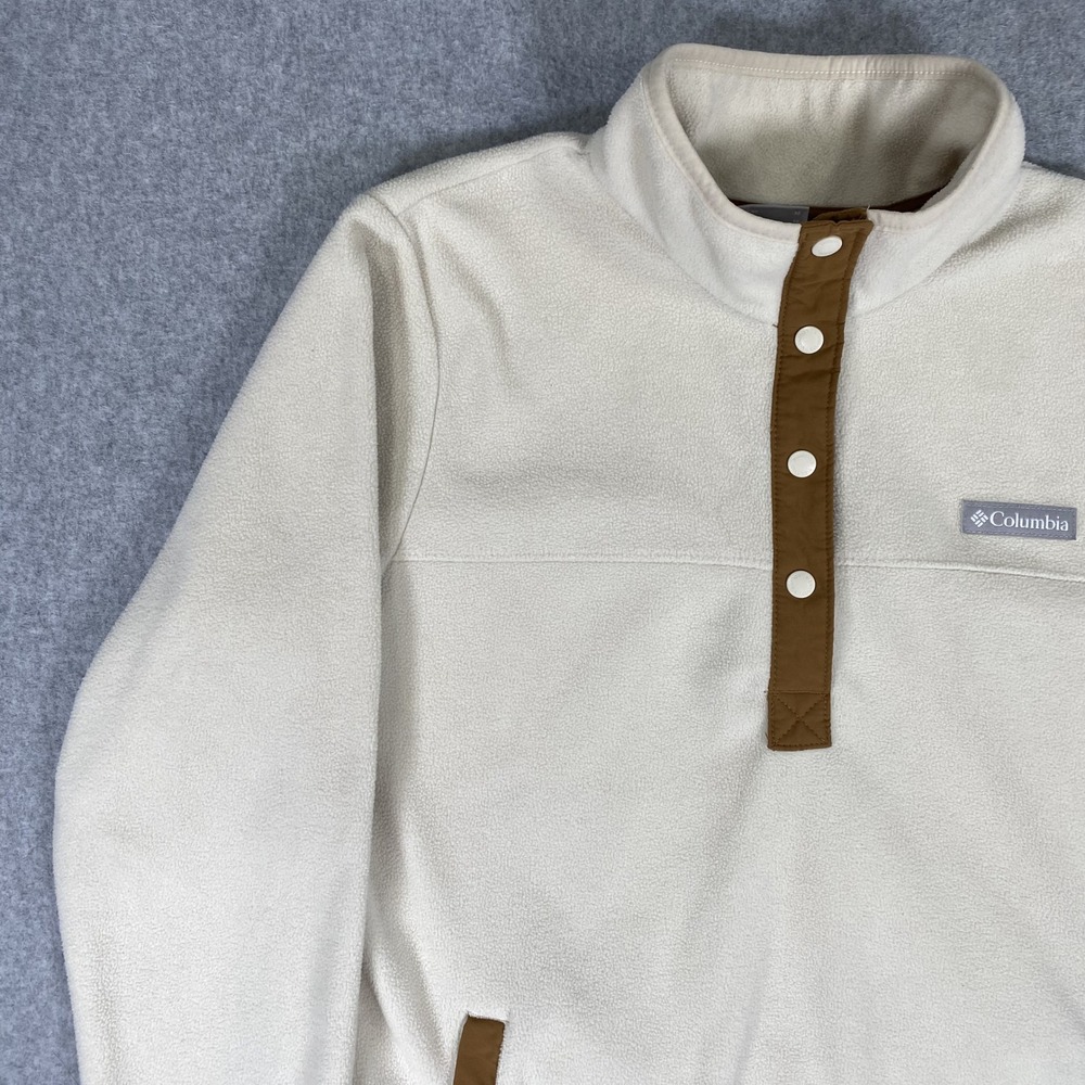 Columbia Fleece Pullover Womens Medium Cream Brown Snap Neck - Picture 2 of 16